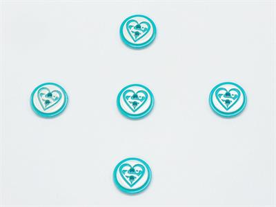 5 Heart Figure Buttons Turquoise, White 15mm long