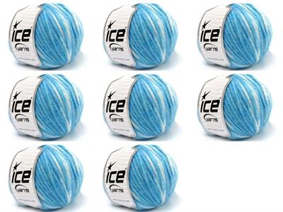 8x50gr. AIR WOOL SPOTS Yün, Akrilik Beyaz, Turkuaz Kışlık, Yün, Batik Desenli, Worsted, Akrilik