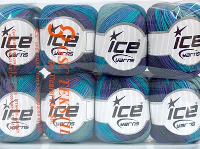 Lot of 8 Skeins Ice Yarns ALARA BATIK (50% Cotton) Yarn Purple Shades Turquoise Jeans Blue Green