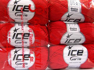 6x50gr. ALMINA COTTON Merserize Pamuk Kırmızı Yazlık İplikler, Pamuk, %100 Pamuk