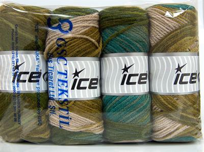 4x100gr. AMBIANCE Premium Akrilik Yeşil Tonları, Bej Kışlık, Bebe, Batik Desenli, 100% Akrilik