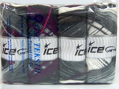 4x100gr. AMBIANCE Premium Akrilik Pembe, Siyah, Mor, Gri Tonları Kışlık, Bebe, Batik Desenli, 100% Akrilik