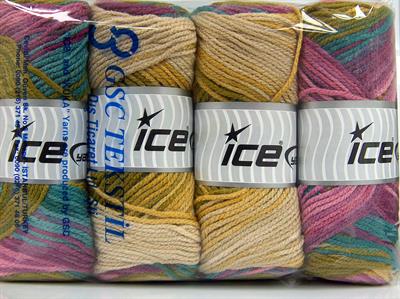 4x100gr. AMBIANCE Premium Akrilik Pembe, Leylak, Yeşil Tonları, Bej Kışlık, Bebe, Batik Desenli, 100% Akrilik