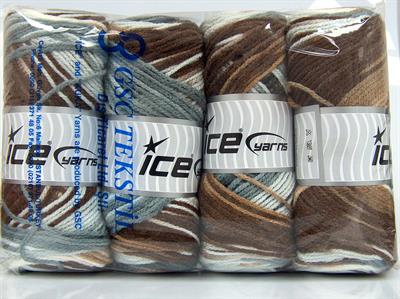 4x100gr. AMBIANCE Premium Akrilik Beyaz, Kahverengi Tonları, Gri Tonları Kışlık, Bebe, Batik Desenli, 100% Akrilik