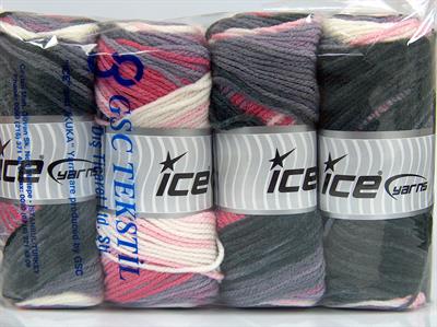 4x100gr. AMBIANCE Premium Akrilik Beyaz, Leylak, Pembe tonları, Koyu Gri Kışlık, Bebe, Batik Desenli, 100% Akrilik