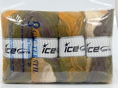 4x100gr. ANGORA BATIK Angora, Yün, Akrilik Mor, Krem, Altın, Yeşil Tonları, Bej Kışlık, Angora, Batik Desenli