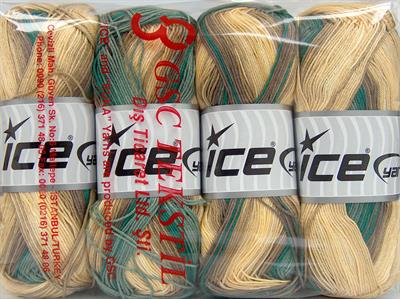 4x100gr. BISCUIT  Kahverengi, Yeşil Tonları, Krem Tonları Kışlık, Düz iplikler, Batik Desenli, 100% Akrilik