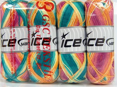 4x100gr. BISCUIT  Altın, Yeşil Tonları, Pembe tonları Kışlık, Düz iplikler, Batik Desenli, 100% Akrilik