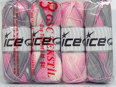 4x100gr. BISCUIT  Beyaz, Pembe tonları, Gri Tonları Kışlık, Düz iplikler, Batik Desenli, 100% Akrilik