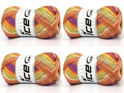 4x100gr. BISCUIT  Yeşil, Leylak, Krem, Sarı, Turuncu Tonları Kışlık, Düz iplikler, Batik Desenli, 100% Akrilik