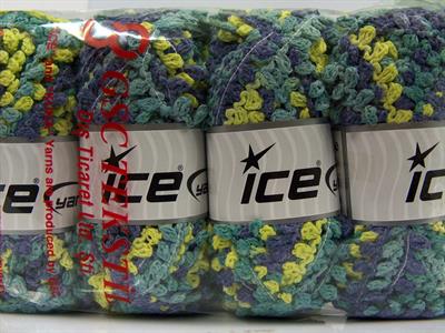 4x100gr. BOUCLERON CHAIN Akrilik Yeşil Tonları, Kot Mavisi Buklet, Çok Kalın, Batik Desenli