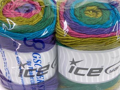 Lot of 2 x 200gr Skeins Ice Yarns CAKES ARAN Yarn Orchid Purple Turquoise Green Shades