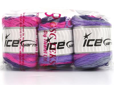 Lot of 3 x 100gr Skeins Ice Yarns CAKES COTTON ROYAL (100% Cotton) Yarn Purple Lilac Pink Grey