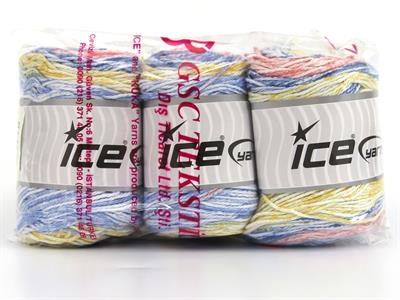 Lot of 3 x 100gr Skeins Ice Yarns CAKES COTTON ROYAL (100% Cotton) Yarn Blue Shades Salmon White Yellow