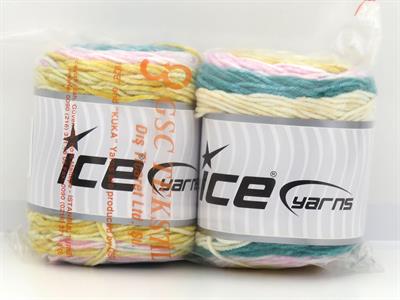 Lot of 2 x 140gr Skeins Ice Yarns CAKES SPLASH Yarn Cream Gold Green Pink