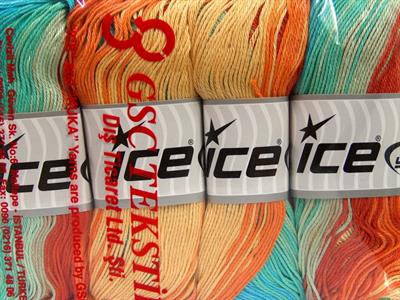 4x100gr. CAMILLA COTTON MAGIC Merserize Pamuk Turuncu, Turkuaz, Sarı, Nane Yeşil Yazlık İplikler, Pamuk, Batik Desenli, %100 Pamuk