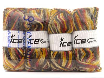 4x100gr. CARNIVAL Yün, Premium Akrilik Siyah, Kırmızı, Krem, Altın, Kahverengi Tonları Kışlık, Yün, Batik Desenli, Kalın, Akrilik