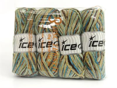 Lot of 4 x 100gr Skeins Ice Yarns COTTON SPLASH (100% Cotton) Yarn Brown Shades Turquoise Shades