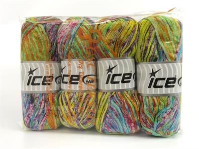 Lot of 4 x 100gr Skeins Ice Yarns COTTON SPLASH (100% Cotton) Yarn Purple Yellow Green Orange Turquoise Red