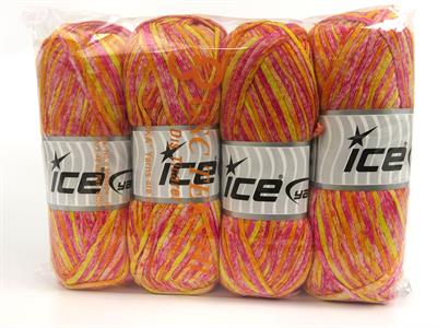 Lot of 4 x 100gr Skeins Ice Yarns COTTON SPLASH (100% Cotton) Yarn Fuchsia Yellow Orange