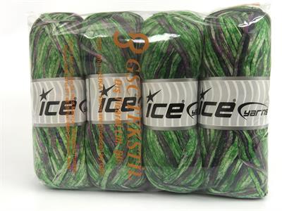 Lot of 4 x 100gr Skeins Ice Yarns COTTON SPLASH (100% Cotton) Yarn Green Shades Grey Purple