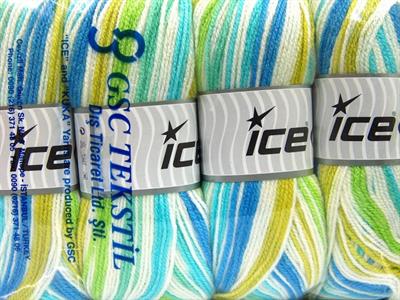 4x100gr. GUMBALL Premium Akrilik Mavi, Beyaz, Turkuaz, Yeşil Tonları Kışlık, Bebe, Batik Desenli, 100% Akrilik