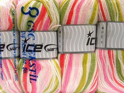 4x100gr. GUMBALL Premium Akrilik Beyaz, Yeşil Tonları, Somon, Pembe tonları Kışlık, Bebe, Batik Desenli, 100% Akrilik