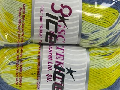 Lot of 2 x 150gr Skeins Ice Yarns JACQUARD WOOL (30% Wool) Yarn Yellow Shades Blue