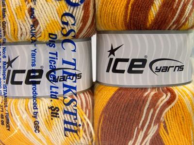 Lot of 2 x 150gr Skeins Ice Yarns JACQUARD WOOL (30% Wool) Yarn Copper Yellow Cream