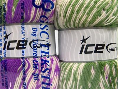 Lot of 2 x 150gr Skeins Ice Yarns JACQUARD WOOL (30% Wool) Yarn Purple Green Cream