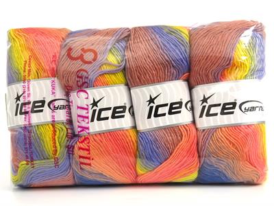 4x100gr. LANA BELLA Yün, Akrilik Mavi, Leylak, Sarı, Somon Tonları Kışlık, Yün, Batik Desenli