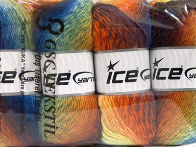 4x100gr. LANA BELLA Yün, Akrilik Turuncu, Sarı, Maron, Mavi Tonları Kışlık, Yün, Batik Desenli