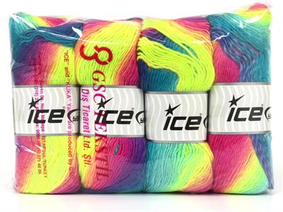 4x100gr. LANA BELLA Yün, Akrilik Mor, Turkuaz, Pembe tonları, Neon Yeşil Kışlık, Yün, Batik Desenli