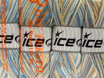 4x100gr. LORENA COLOR Pamuk, Akrilik Krem, Deve Tüyü, Mavi Tonları Yazlık İplikler, Pamuk, Batik Desenli