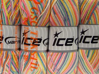 4x100gr. LORENA COLOR Pamuk, Akrilik Yeşil, Pembe, Mavi, Beyaz, Leylak, Turkuaz Yazlık İplikler, Pamuk, Batik Desenli