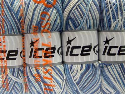 4x100gr. LORENA COLOR Pamuk, Akrilik Beyaz, Mavi Tonları Yazlık İplikler, Pamuk, Batik Desenli