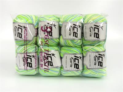 8x50gr. LORENA PASTEL Akrilik, Pamuk Beyaz, Yeşil Tonları Yazlık İplikler, Pamuk, Batik Desenli, Akrilik