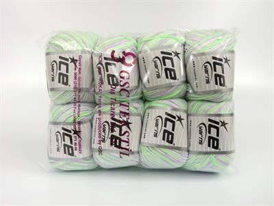 8x50gr. LORENA PASTEL Akrilik, Pamuk Beyaz, Leylak, Açık Mavi, Neon Yeşil Yazlık İplikler, Pamuk, Batik Desenli, Akrilik