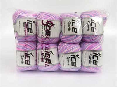 8x50gr. LORENA PASTEL Akrilik, Pamuk Beyaz, Leylak Tonları, Pembe tonları Yazlık İplikler, Pamuk, Batik Desenli, Akrilik