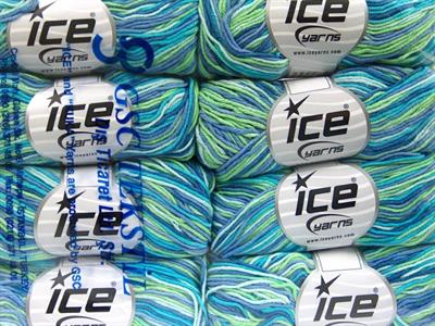 Lot of 8 Skeins Ice Yarns LORENA PRINT (55% Cotton) Yarn Blue Shades Green Turquoise