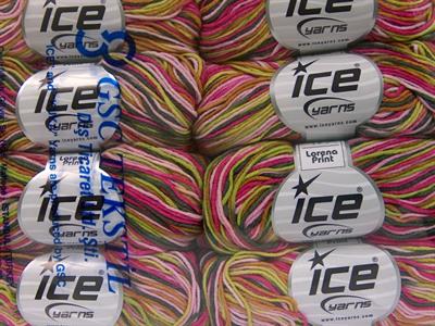 Lot of 8 Skeins Ice Yarns LORENA PRINT (55% Cotton) Yarn Pink Shades Green Shades Brown