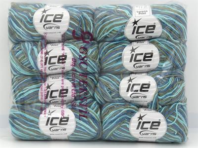 8x50gr. LORENA PRINT Akrilik, Pamuk Mavi, Haki, Turkuaz Tonları Yazlık İplikler, Pamuk, Batik Desenli