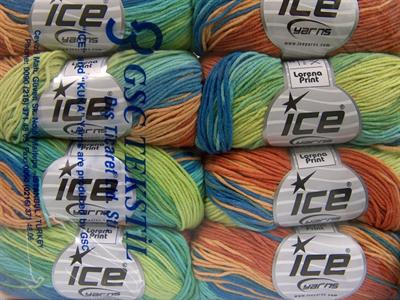 8x50gr. LORENA PRINT Akrilik, Pamuk Mavi, Turkuaz, Açık Kahve, Yeşil Tonları, Bakır Yazlık İplikler, Pamuk, Batik Desenli