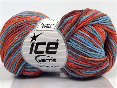 8x50gr. LORENA PRINT Akrilik, Pamuk Kahverengi, Mavi, Turuncu Yazlık İplikler, Pamuk, Batik Desenli