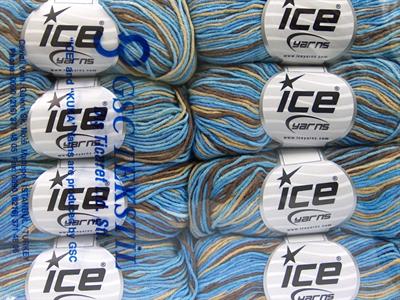 Lot of 8 Skeins Ice Yarns LORENA PRINT (55% Cotton) Yarn Blue Shades Brown Beige