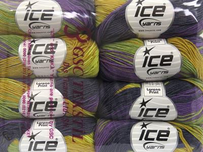 8x50gr. LORENA PRINT Akrilik, Pamuk Altın, Haki, Mor Tonları Yazlık İplikler, Pamuk, Batik Desenli