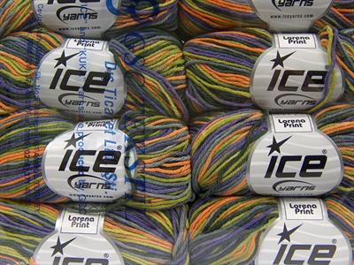 8x50gr. LORENA PRINT Akrilik, Pamuk Yeşil, Mor, Turuncu Yazlık İplikler, Pamuk, Batik Desenli