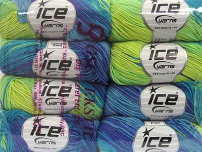 8x50gr. LORENA PRINT Akrilik, Pamuk Mor, Turkuaz, Yeşil Tonları Yazlık İplikler, Pamuk, Batik Desenli