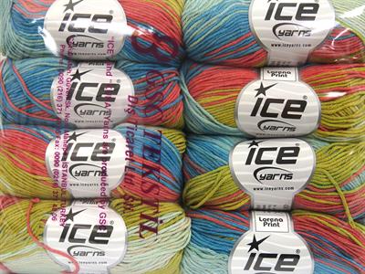 8x50gr. LORENA PRINT Akrilik, Pamuk Turkuaz, Altın, Yeşil Tonları, Somon Yazlık İplikler, Pamuk, Batik Desenli