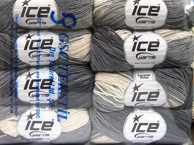 8x50gr. LORENA PRINT Akrilik, Pamuk Beyaz, Gri Tonları Yazlık İplikler, Pamuk, Batik Desenli